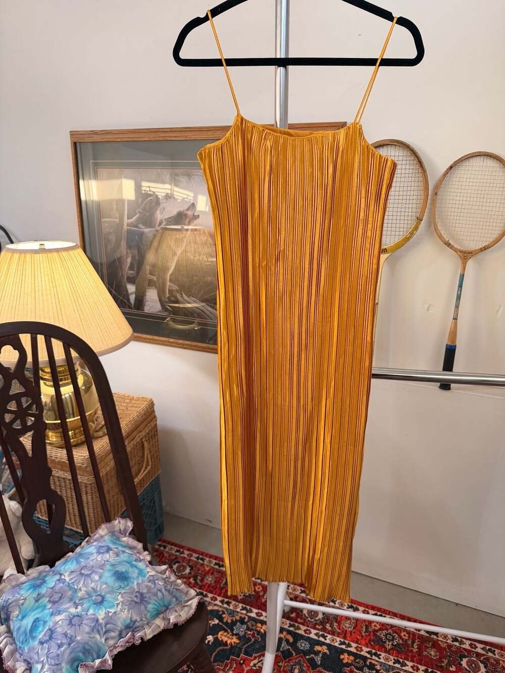 Golden Yellow Plissé Slip Dress Classy Chic Glam Shiny Accordion Pleats Size M